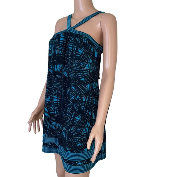 BCBG Maxazria Mini Dress abstract black & teal slinky stretch strappy SZ XS - Picture 4 of 8